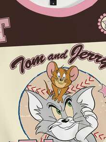 TOM & JERRY X SHEIN Women's Casual Fashion Street Sporty Collegiate Style Cartoon Letter Graphic Contrast Color Short Sleeve T-Shirt, Summer - White - View 3