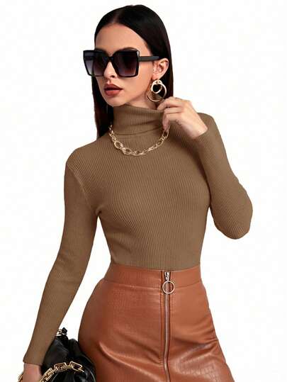 BizChic Women Solid Color Turtleneck Slim Fit Long Sleeve Basic Sweater