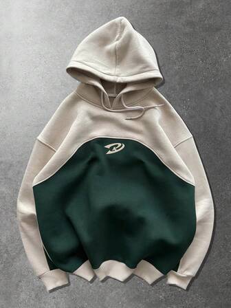 Men's Color Block Drawstring Hooded Casual Pullover Sweatshirt, Suitable For Commuting And Outdoor Activities