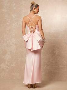 Lumalex 缎面亮面深V领露背交叉系带超大蝴蝶结性感甜美美人鱼裙摆女士连衣裙 - 粉色 - 查看 3