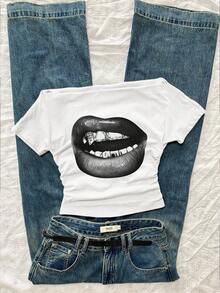 Attitoon Áo thun trễ vai in hình họa tiết dành cho người có thân hình đầy đặn - trắng - Xem 3