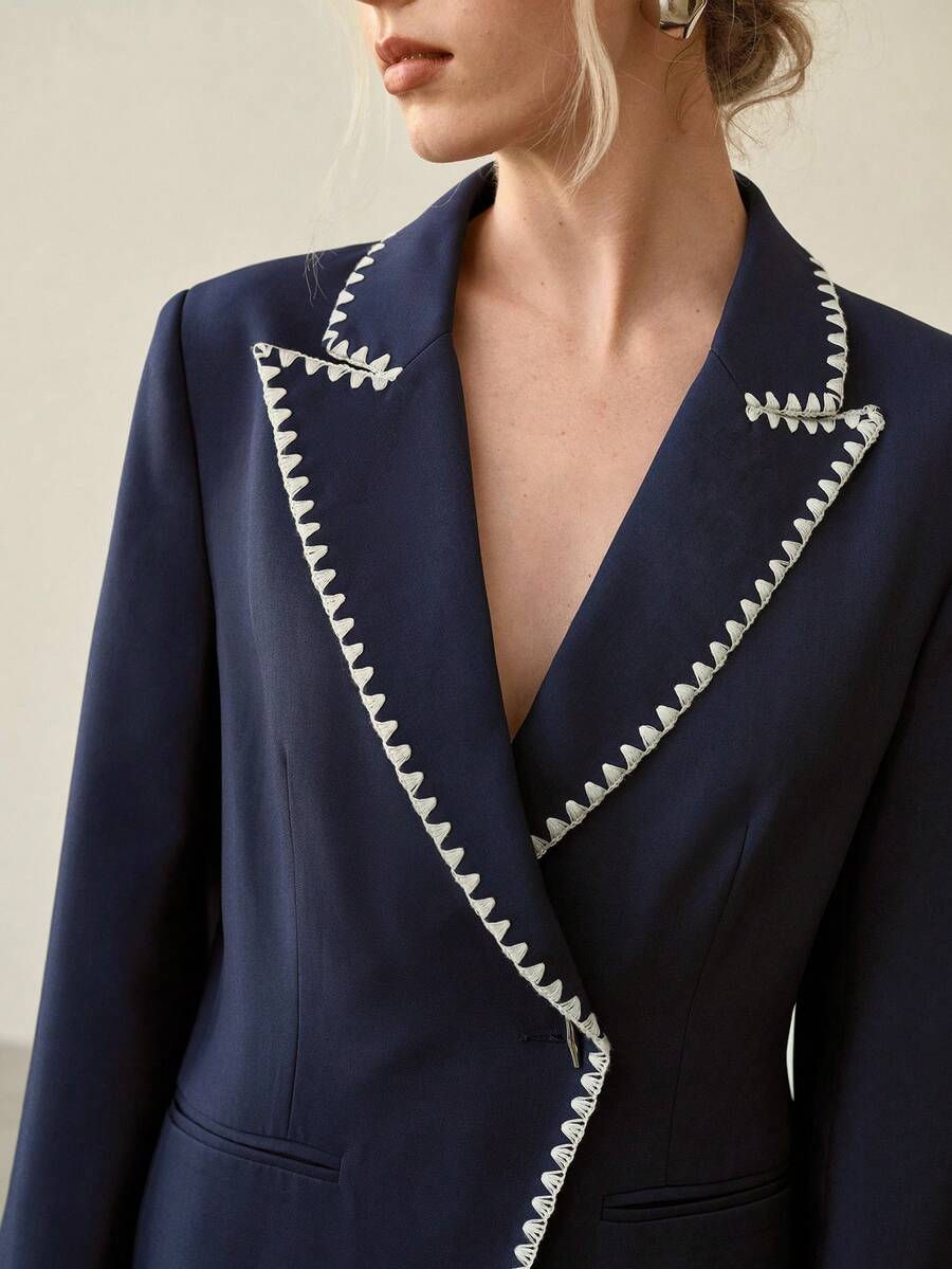PREMIUM WOMEN'S WHIPSTITCH DETAIL PEAK COLLAR SINGLE BUTTON JACKET - Navy Blue - View 2