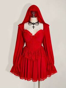 SHEIN ICON 加大码黑色连帽灯笼袖性感迷你连衣裙，适合万圣节派对、万圣节服装、女巫装扮 - 紅色 - 查看 12