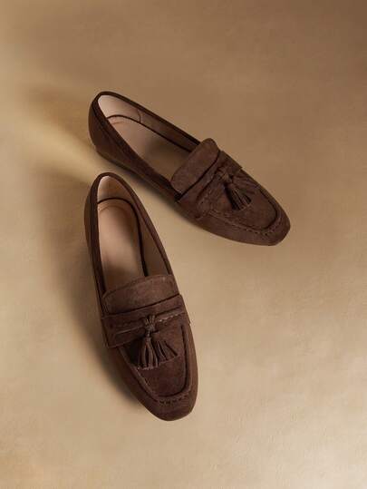 Rosivie Women's Square Toe Flat Coffee Suede Fringe Comfortable Neutral Daily Casual Commute Slip-On Loafers Valentine's Day