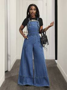 Slaydiva Women's Summer Casual Loose Pocket Wide Leg Denim Bib Pants Denim Jumpsuits For Woman Denim Overalls Jean Overalls Wide Leg Denim Jumpsuit - Khaki - View 6