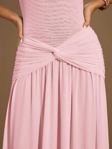 SHEIN BAE Đầm ôm sát dài không tay cổ cao thanh lịch, màu vàng, màu kem vàng, đầm sinh nhật, đầm hẹn hò, đầm dự tiệc ngày lễ, đầm dạ hội - Màu Hồng  San hô - Xem 7