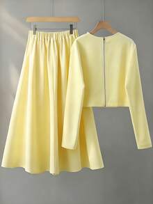 Franclia Women's Elegant Commuter Faux Pearl Decor Long Sleeve Top And Pleated Skirt Set, Autumn - Light Yellow - View 2