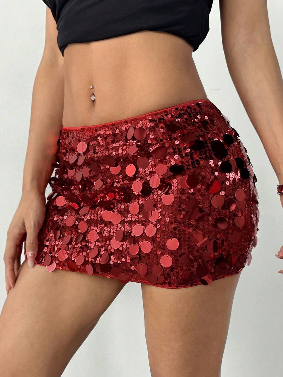 SHEIN PETITE 女士银色亮片迷你派对裙,高品质款,适合娇小身材和派对场合 - 紅色 - 查看 1