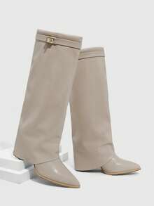 Daringsoles Giày bốt cao gót đến đầu gối dành cho nữ, mũi nhọn, thiết kế khóa cài, thời trang hàng ngày, đa năng. - Màu be - Xem 7