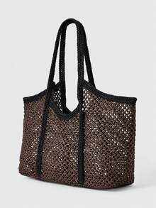 ROMWE Grunge Punk Women's Casual Versatile Commuter Woven Tote Bag - Brown - View 2
