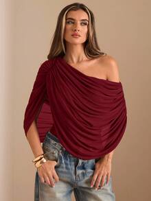 SHEIN BAE Autumn/Winter Solid Brown/Coffee Off Shoulder Ruched Bodysuit, Tight-Fitting Elegant Bodysuit, Draped Top - Burgundy - View 4