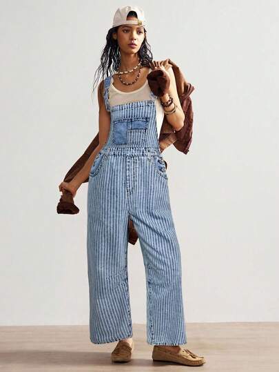 Bohemela 女士休闲日常条纹口袋牛仔背带裤，夏季