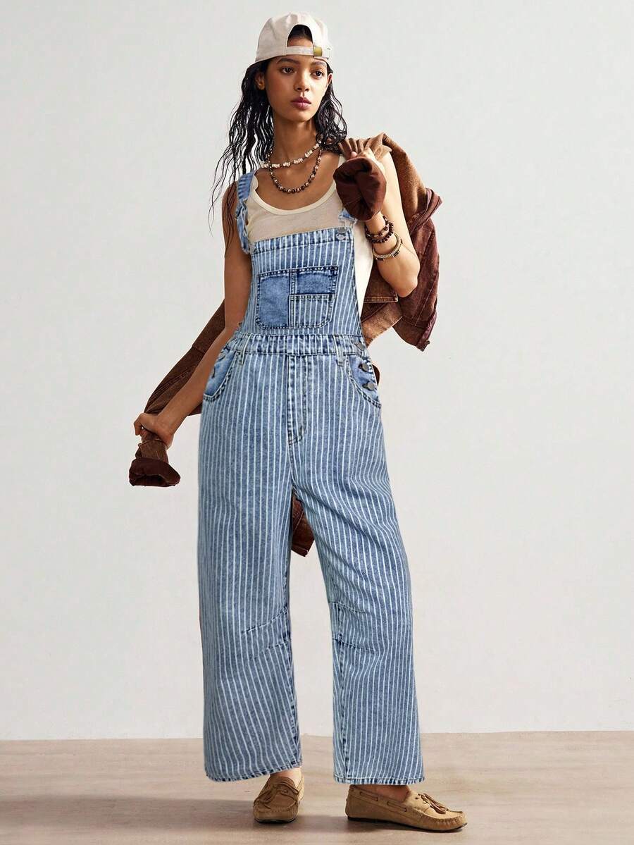 Bohemela 女士休闲日常条纹口袋牛仔背带裤，夏季 - 淺色水洗藍 - 查看 1