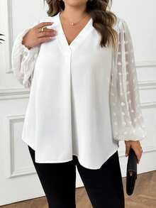 SHEIN CURVE+ 大码夏季休闲/工作透视瑞士圆点拼接灯笼袖衬衫 - 白色 - 查看 4