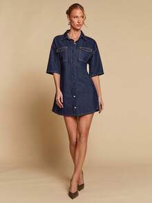 COSMINA 女士休闲水洗收腰迷你牛仔连衣裙 - 藍色 - 查看 3