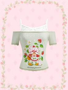 Strawberry Shortcake | ROMWE Áo thun nữ dễ thương 2 trong 1 với nơ ruy băng trang trí và ren phối màu tương phản. - màu xanh lá - Xem 1
