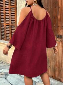 Weeklong Plus Size Round Neck Ruched Pleated Split Flare 3/4 Sleeve Casual A-Line Midi Dress - Burgundy - View 2