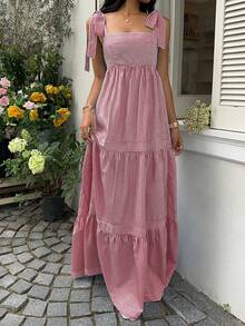 SHEIN Unity Vestido maxi acampanado con espalda abierta y lazada, cuello cuadrado a rayas azules, cintura alta y sin mangas, para primavera/verano y resort - Multicolor - Ver 5