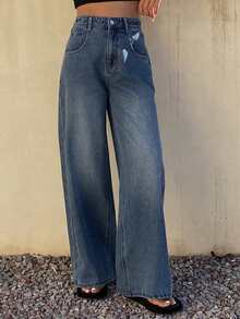 Livesso 女士宽松休闲直筒牛仔裤，适合商务、街头、度假、办公、秋冬季穿着。 - 中等水洗藍 - 查看 5