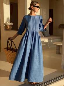 DAZY 女士褶裥休闲收腰中长连衣裙，适合度假和派对穿着 - 藍色 - 查看 2