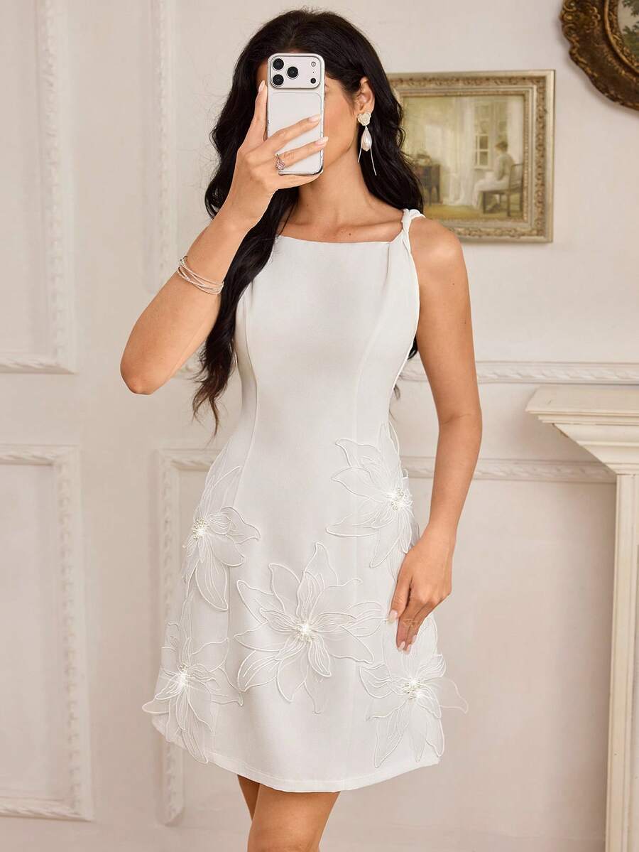 Modelyn 优雅3D立体印花白色短款连衣裙，时尚新款，女士适用 - 白色 - 查看 1