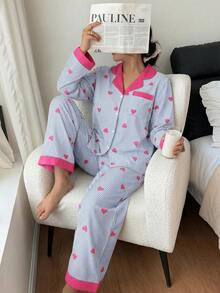 SHEIN Plus Size Contrast Color Collar Ruffle Heart Striped Long Sleeve Pajama Set - Baby Blue - View 5