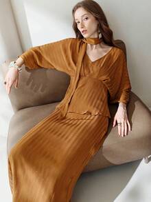 Aveloria Modichic 2pcs Set: Satin Striped Gathered Waist Top & Ruched A-Line Skirt - Mustard Yellow - View 2