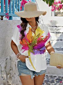 EMERY ROSE Áo sơ mi cổ bẻ, tay ngắn, ve áo đơn hàng khuy, cỡ lớn, tranh sơn dầu nghệ thuật cổ điển in hoa - Nhiều màu - Xem 3