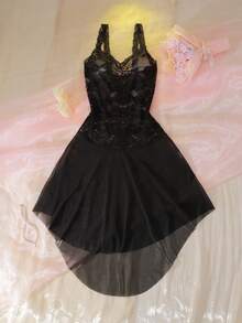 DelicateAllure Sexy Lace Slip Dress For Women Sexy Nightgown Sheer Nightgown Spaghetti Strap Lace Night Gown Babydoll Dress Lingerie Black Lingerie Dress - Black - View 6