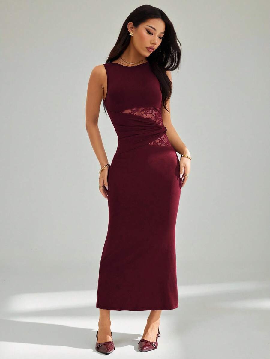 SHEIN PETITE 女士黑色优雅蕾丝拼接真挚长裙，优雅女装，派对女装，新年女装，黑色女装，新年女装，新年派对礼服 - 酒紅色 - 查看 1