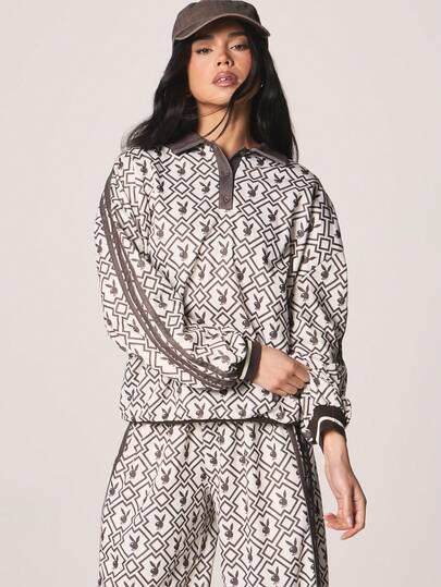 Missguided x Playboy 超大几何兔子图案长袖卫衣，翻领设计，棕色