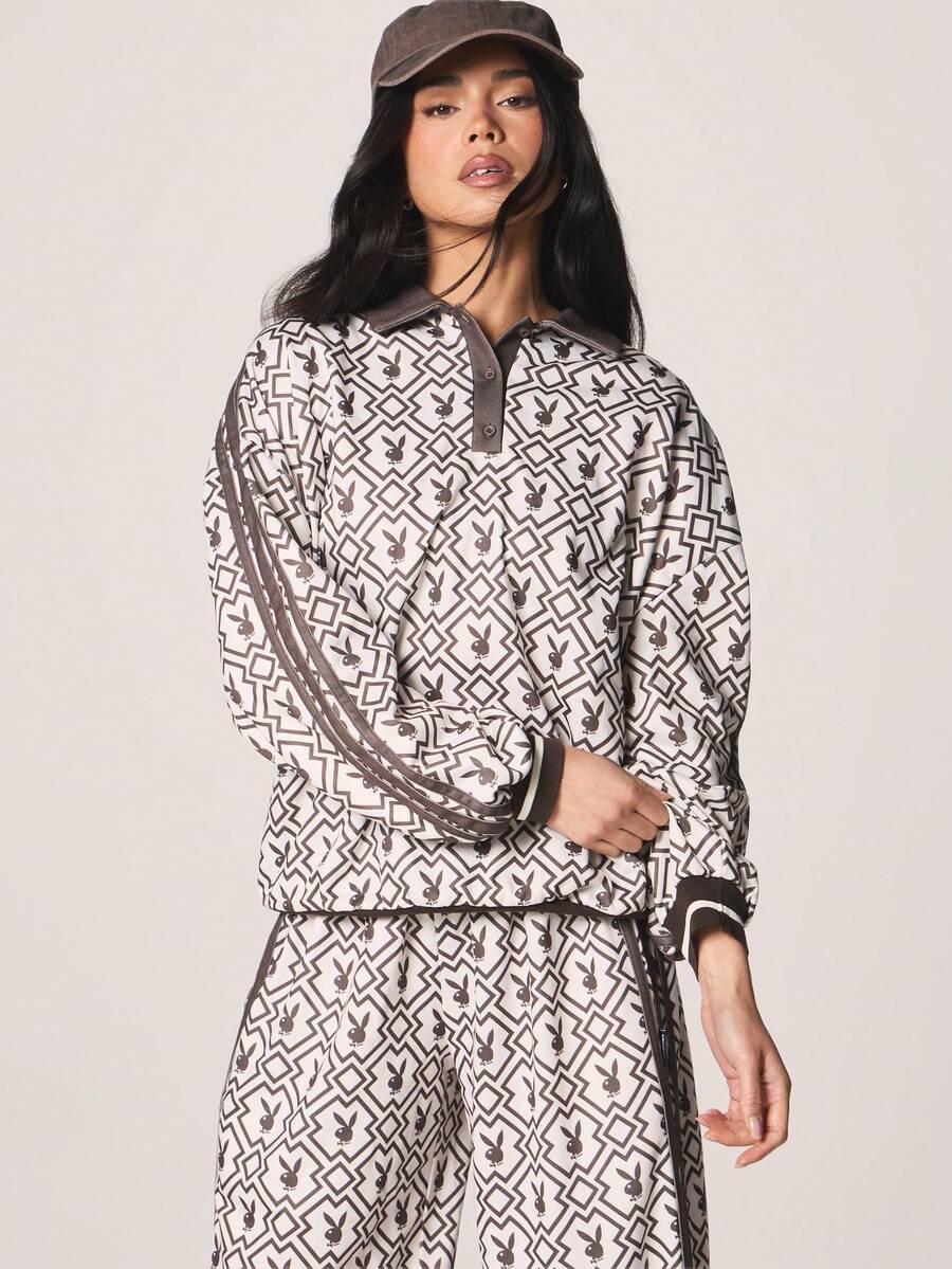 Missguided x Playboy Áo nỉ dài tay dáng rộng họa tiết thỏ hình học, cổ bẻ, màu nâu. - Nhiều màu - Xem 1