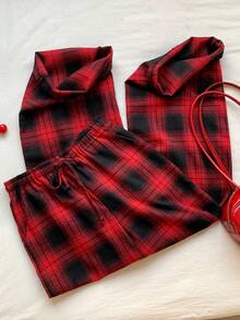 SHEIN EZwear Women's Loose Plaid Drawstring Waist Cargo Pants With Pockets, Thermal Lined - Red - View 6