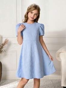 Vestido de niña de jacquard floral elegante, tela suave y cómoda, mangas abullonadas, mangas farol, cierre de cremallera en la espalda, adecuado para uso diario y reuniones - Azul - Ver 3