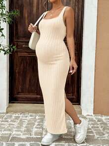 SHEIN Vestido midi sin mangas con abertura y acanalado de unicolor para maternidad - Albaricoque - Ver 4