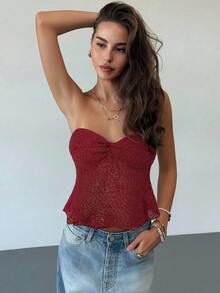 Aloruh Romantic Sexy Apricot Twist Textured Bandeau Cropped Top For Women - Burgundy - View 3