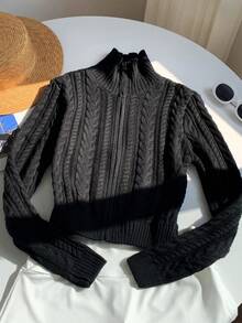 SHEIN EZwear Áo cardigan nữ cổ đứng tay dài màu đen trơn, kiểu dáng thường ngày, thích hợp mặc mùa thu/đông. - màu đen - Xem 5