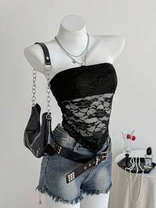 SHEIN EZwear 性感蕾絲抹胸上衣搭配方巾 - 黑色 - 查看 6