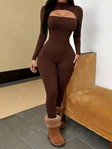 Zyxie 时尚性感纯色镂空连体衣 - 咖啡棕 - 查看 1