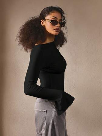 Athîral Women Casual White Solid Color Boat Neck Elegant Flared Sleeve Fitted T-Shirt Slit Cuff, Autumn/Winter