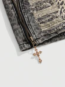 ROMWE J-Fashion Y2K Baddie Leopard Print Metallic Rhinestone Colorblock Zipper Decor Distressed Super Low-Rise Mini Denim Shorts - Multicolor - View 4