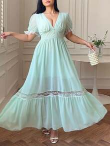 Vibekara Vestido de gasa verde retro francés con parches de encaje, de longitud hasta el té, elegante para primavera, verano y otoño; vestido camisa minimalista con cintura ceñida y mangas abullonadas; vestido de fiesta con falda acampanada - Verde - Ver 3