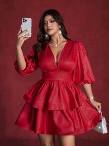 Viva Relle Đầm ngắn gợi cảm cổ chữ V sâu, eo thon, tay phồng, viền bèo dành cho nữ cỡ lớn, màu trơn, chất liệu bóng, thích hợp cho mùa xuân/thu, dự tiệc cao cấp, sinh nhật, hẹn hò, lễ hội, đi làm, ngày Valentine, kiểu đầm công chúa sành điệu. - Đỏ - Xem 3