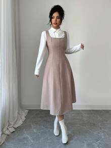 SHEIN Elenzya 2pcs/Set Women Square Neck Sleeveless Dress With Waist Cinching Shirt - Coffee Brown - View 3