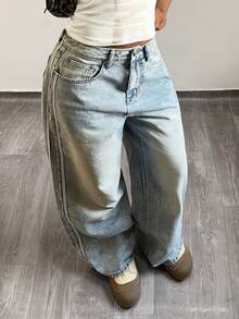 StreetHx Fashionable Casual Street Style Webbing Low-Waist Distressed Jeans