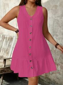 SHEIN PETITE 大码无袖V领纹理面料连衣裙 - 玫紅色 - 查看 3