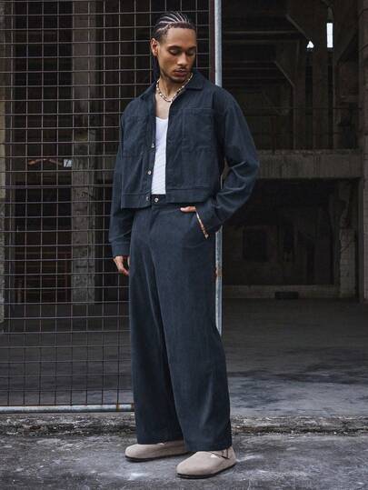 PAVTROS 男士休闲短领衬衫阔腿裤套装 男士两件套 男士灯芯绒套装 男士阔腿裤 男士藏蓝色长裤 男士夹克裤套装