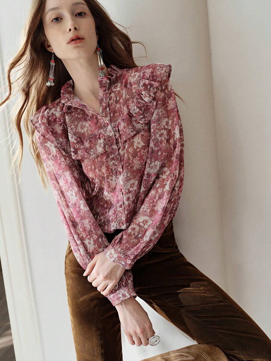 Frievida Floral Print Ruffle Trim Chiffon Blouse - Multicolor - View 1