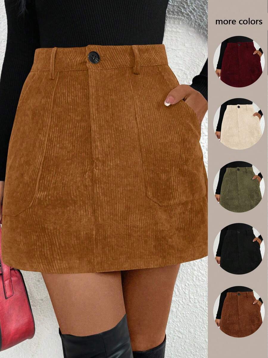 SHEIN Tall CURVE Váy chữ A nhung kẻ thanh lịch, giản dị, có túi cho nữ cỡ lớn - Rỉ Nâu - Xem 1
