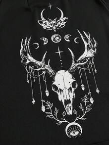 ROMWE Goth 哥特风鹿头骨、星星、月亮、飞蛾、树叶眼睛印花长款连帽外套（女款） - 黑色 - 查看 4